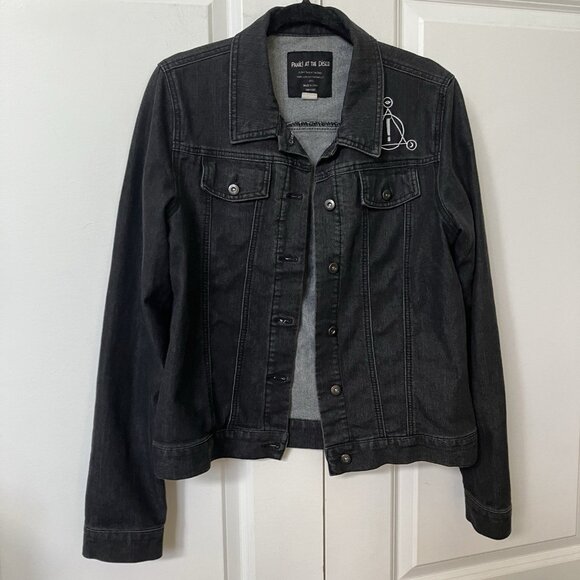 Panic! At The Disco Jean Jacket Womens M Black Stretch Denim Trucker Emo - Picture 2 of 8